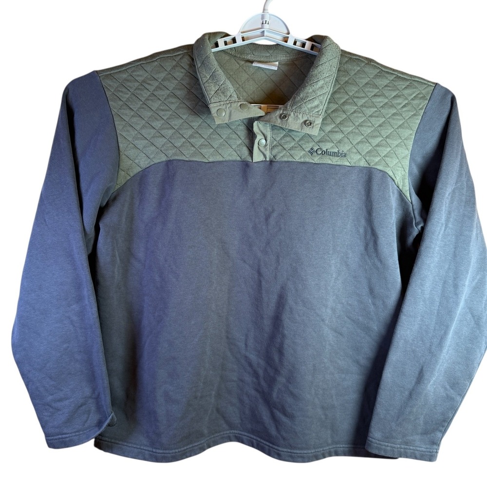 Columbia Sweatshirt Mens XL Gray Green Quilted Snap Neck Fleece Pullover AM3466
